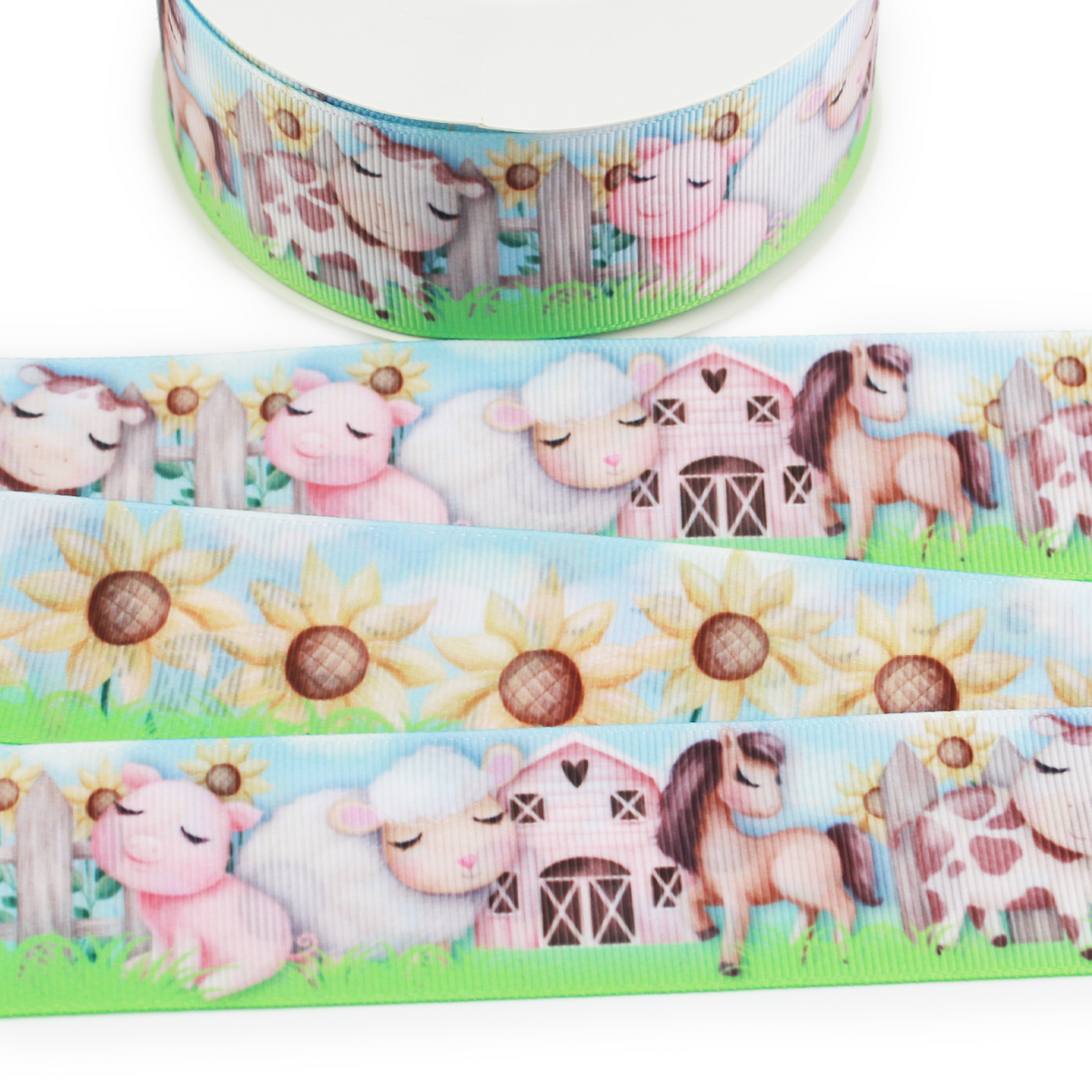 Printed grosgrain ribbon featuring pastel farm animals including cows, pigs, sheep, and horses with a pink barn, sunflowers, and green grass on a light blue background.