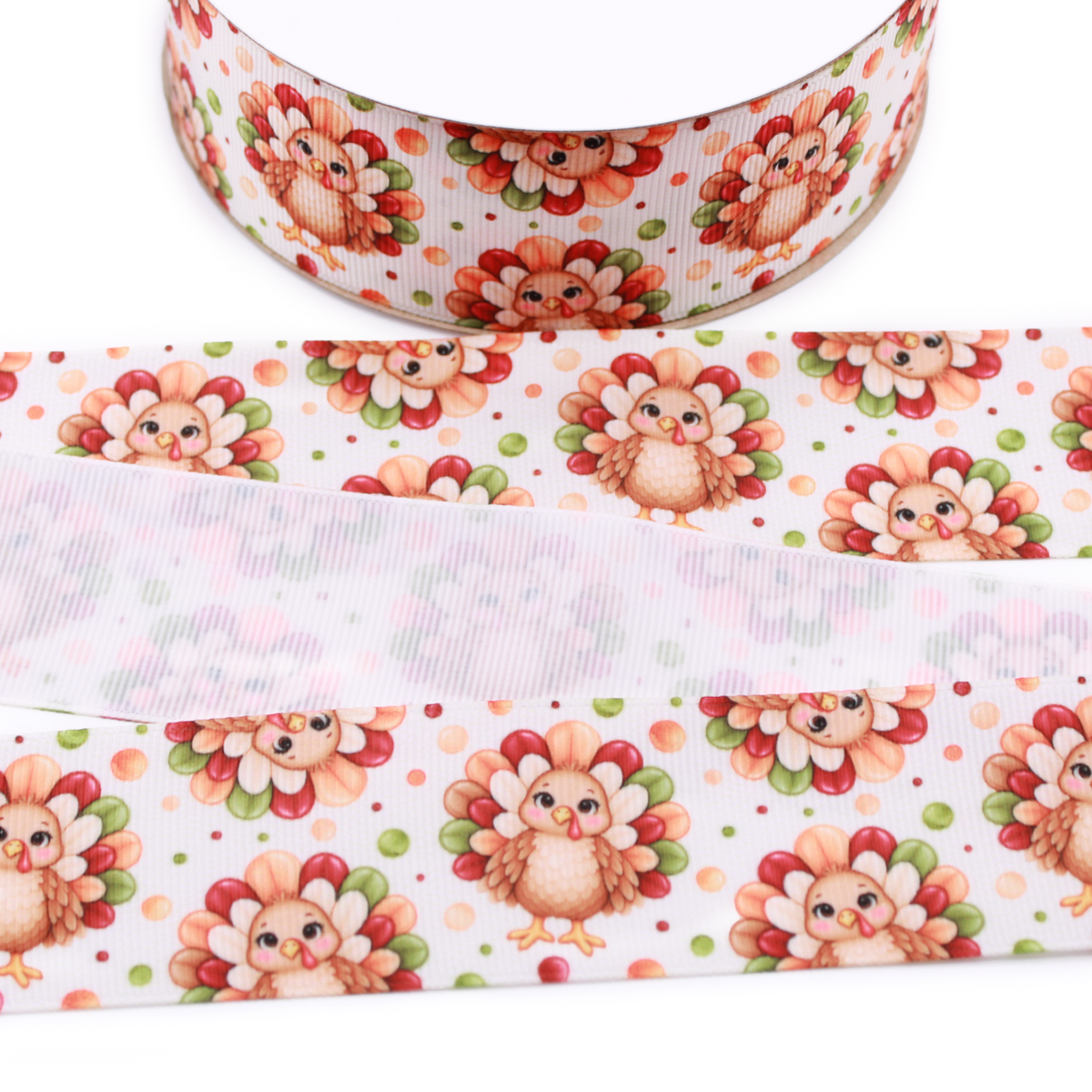 Thanksgiving turkey printed grosgrain ribbon with cute brown turkeys, colorful red, orange, cream and green tail feathers, and coordinating dots.