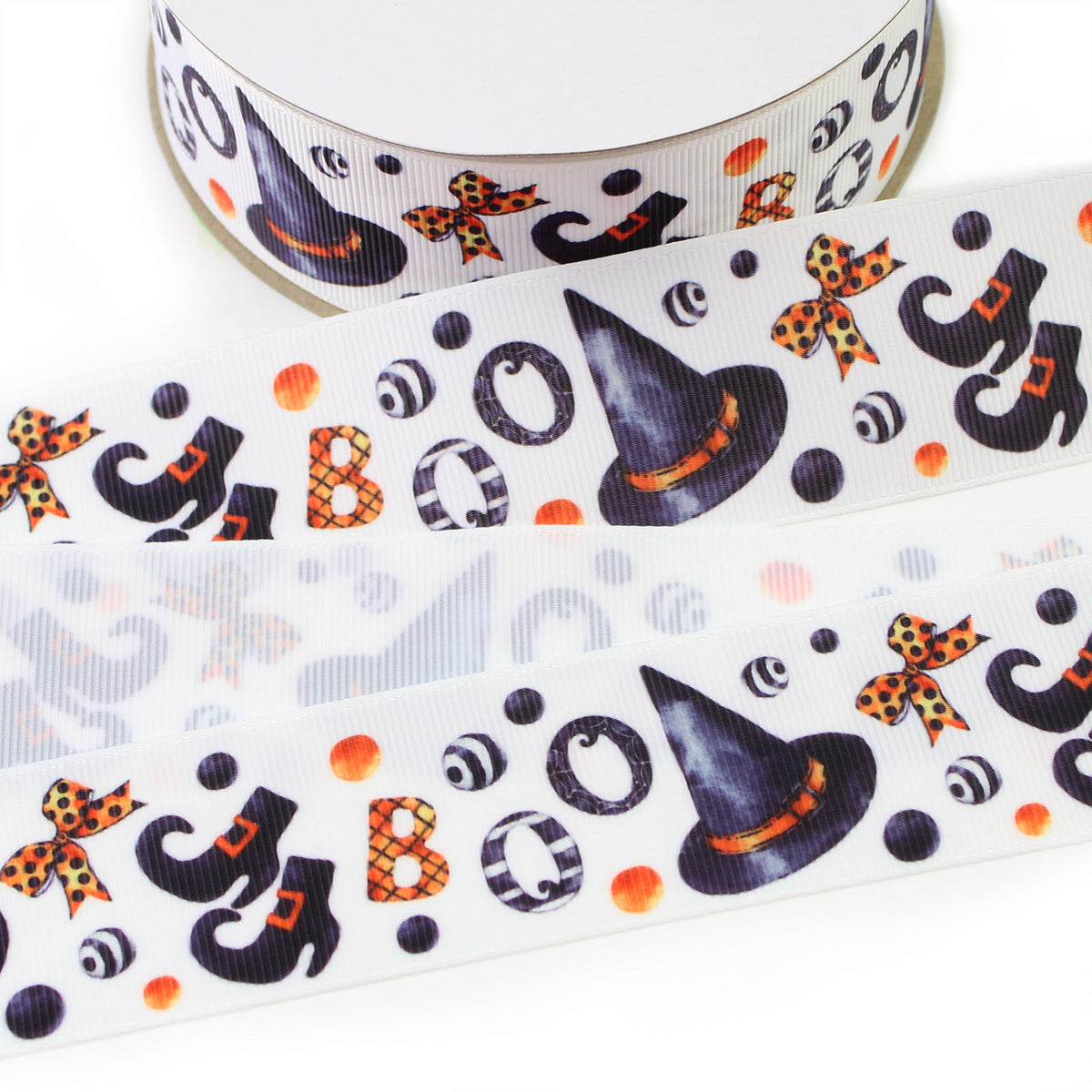 Boo Witch printed grosgrain ribbon with black witch hats, witch shoes, orange bows and BOO lettering on a white background.