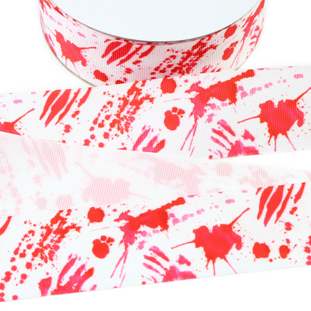 Blood Splatter printed grosgrain ribbon with red splatters, bloody handprints and scratch marks shown on white backgrounds.