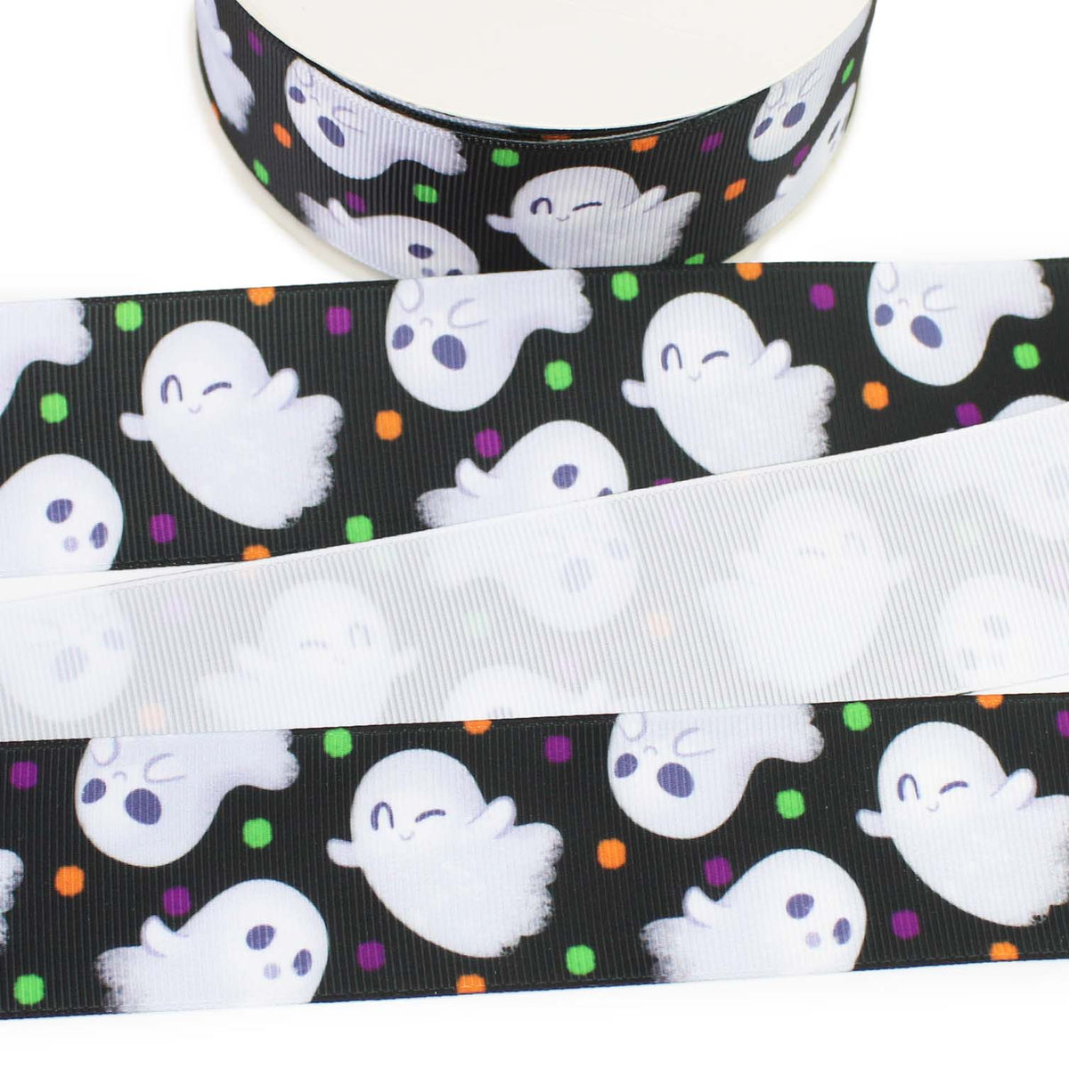 Halloween Ghost printed grosgrain ribbon with cute white ghosts and colorful orange, green and purple dots on a black background.