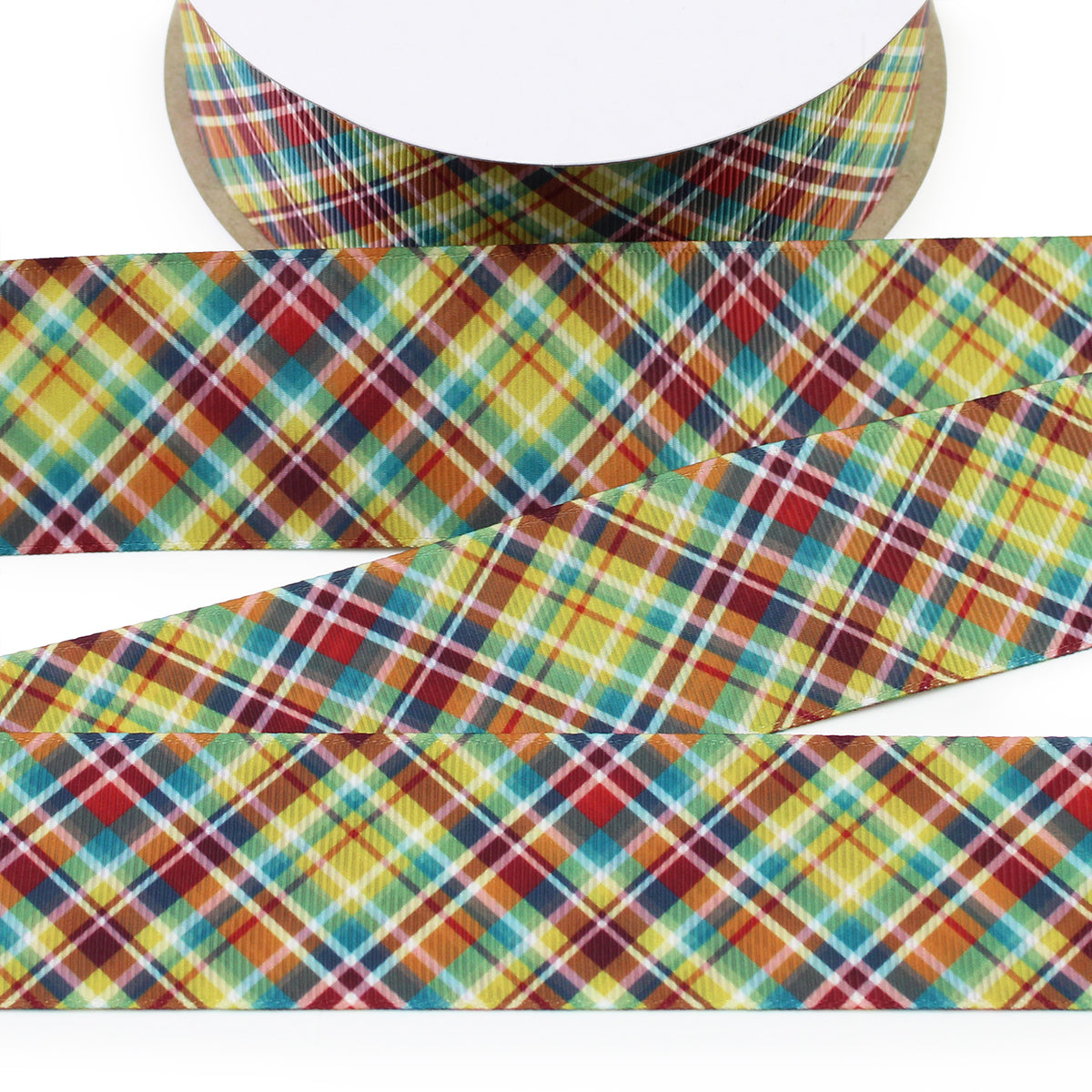 Multicolor plaid printed grosgrain ribbon with overlapping red, teal, green, yellow, orange, blue and white lines.