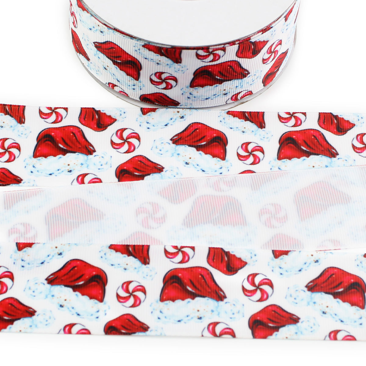 Christmas printed grosgrain ribbon featuring red Santa hats with fluffy white trim and red and white peppermint candies on a white background.