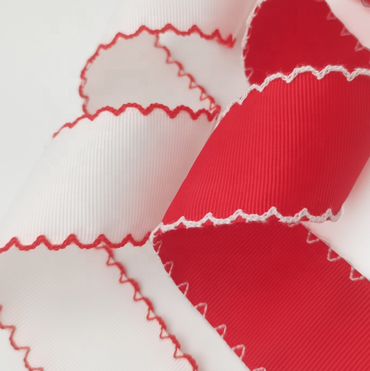 White and Red Moonstitch Grosgrain Ribbon