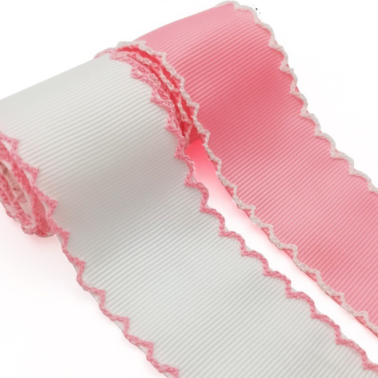 White and Pink Moonstitch Grosgrain Ribbon