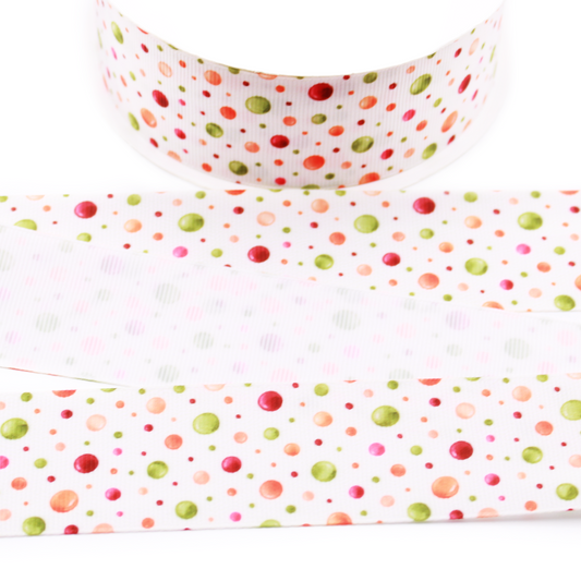 Fall confetti printed grosgrain ribbon with scattered watercolor dots in red, orange, pink and green on a white background.