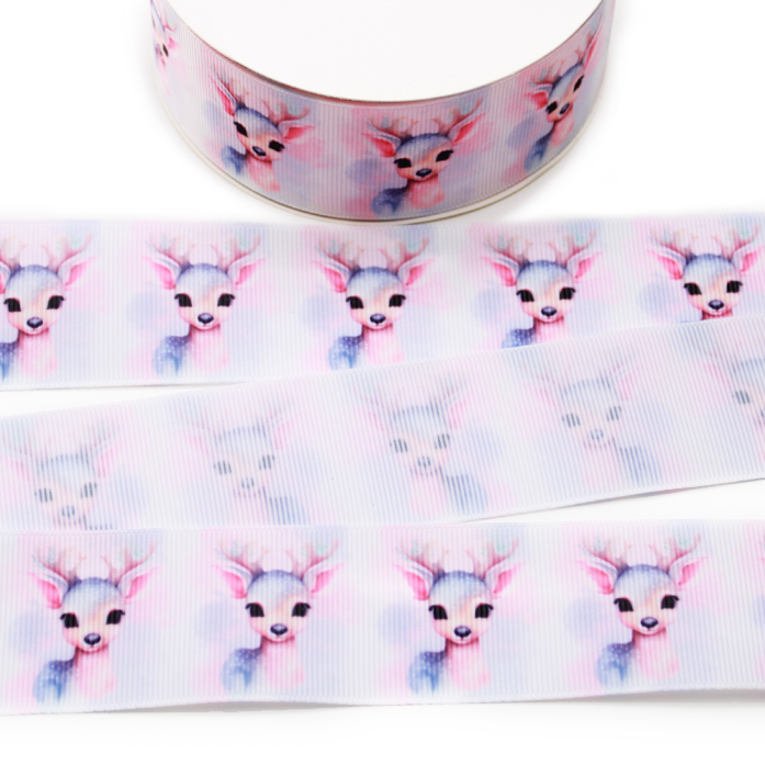 Pastel watercolor deer printed grosgrain ribbon with icy blue, blush pink and lavender fawns on a white background.