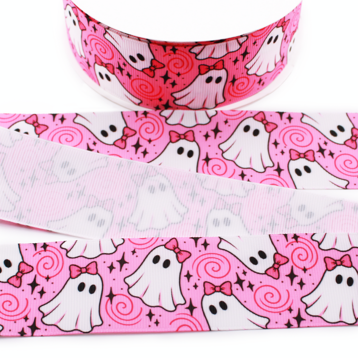 Pink Halloween printed grosgrain ribbon with cute white ghosts, pink bows, black stars and swirling details.
