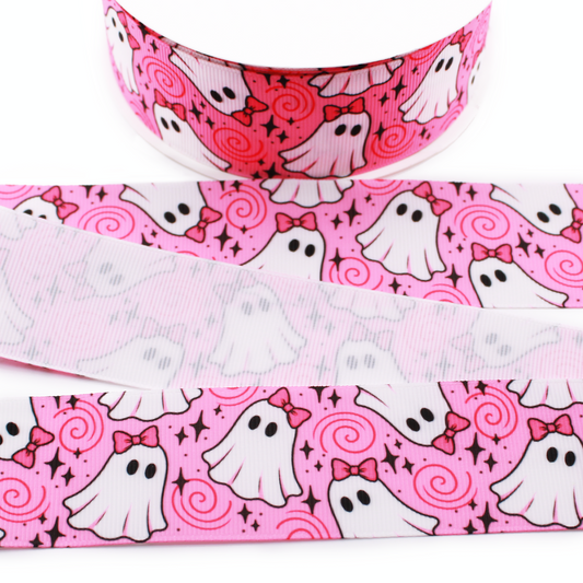 Pink Halloween printed grosgrain ribbon with cute white ghosts, pink bows, black stars and swirling details.