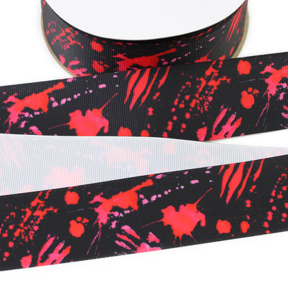 Blood Splatter printed grosgrain ribbon with red splatters, bloody handprints and scratch marks shown on black backgrounds.