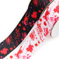 Blood Splatter printed grosgrain ribbon with red splatters, bloody handprints and scratch marks shown on black and white backgrounds.