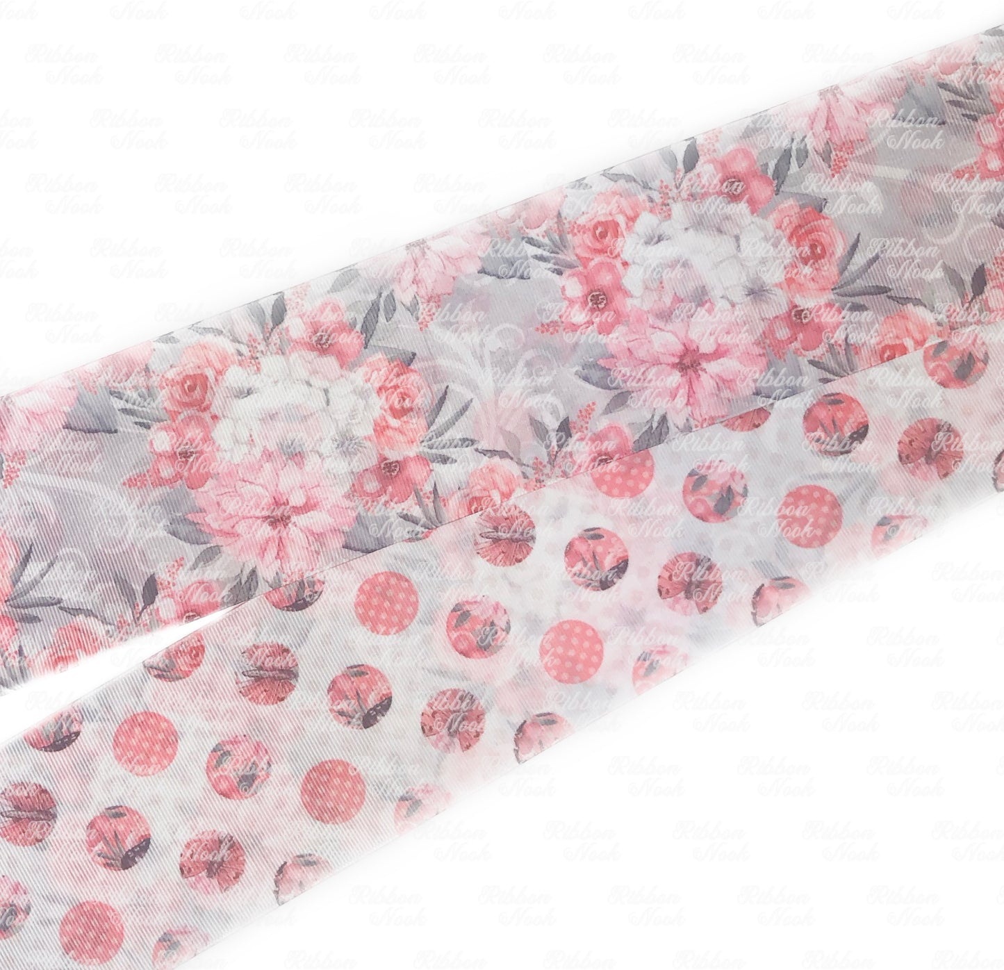double sided grosgrain ribbon with white hydrangea and coral pink roses