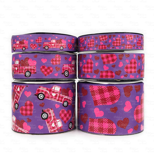 Plaid Truck and Hearts Grosgrain Ribbon Collection On Grape