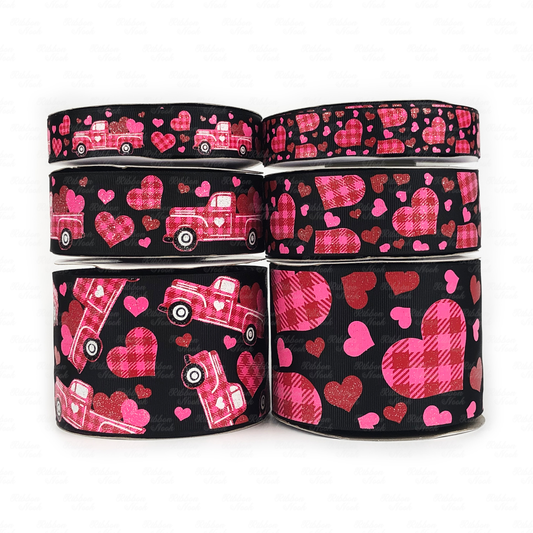 Plaid Truck and Hearts Grosgrain Ribbon Collection On Black