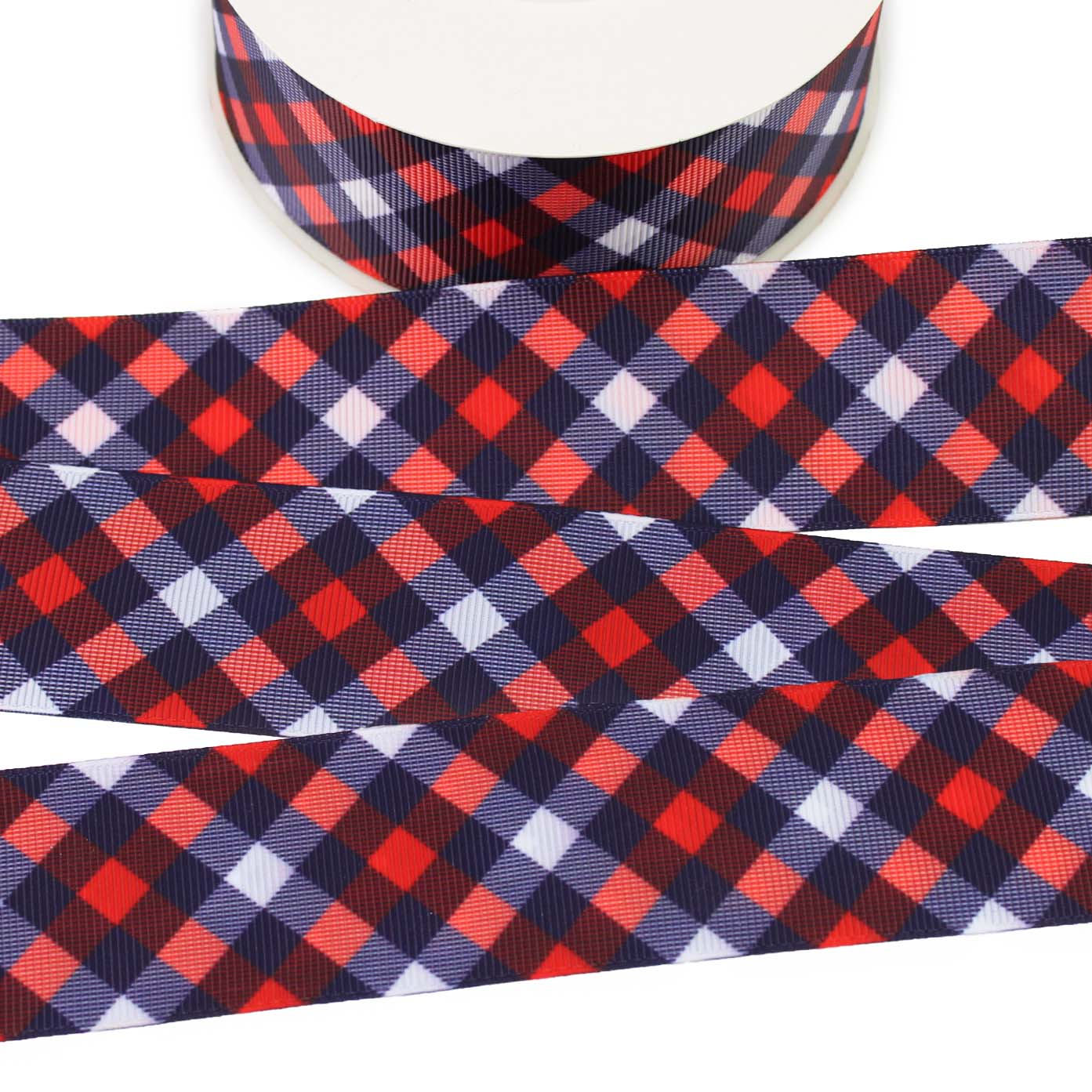 Red, White and Blue Plaid Grosgrain Ribbon